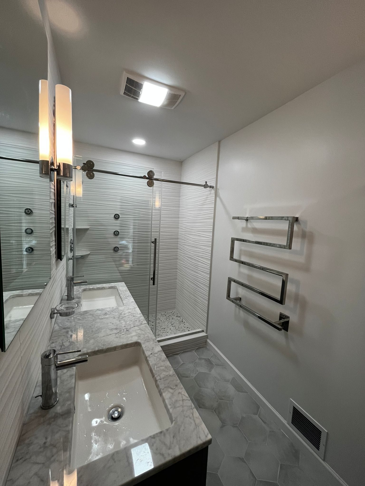 elegant bathroom tile work with geometric mosaic accent wall