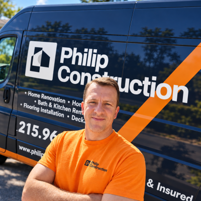 Philip Construction Team and Company Van Philip Construction team member standing in front of the company van