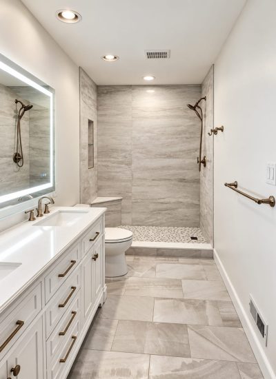 Renovated bathroom in Ambler, PA, with white vanity and tiled shower